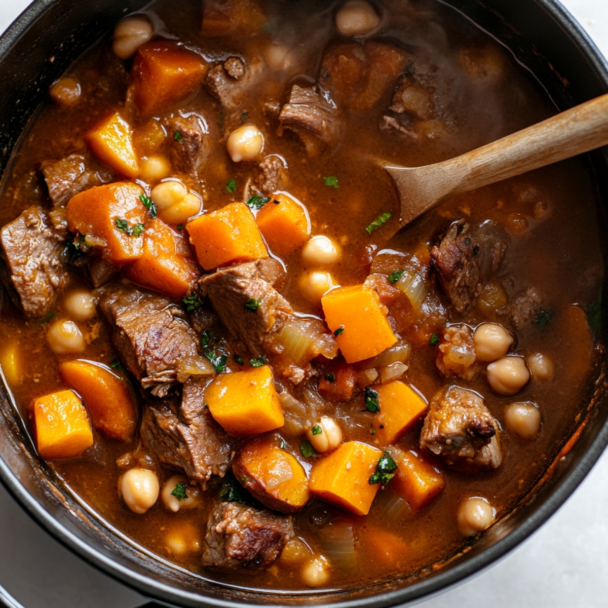 Moroccan lamb stew simmering with vegetables and chickpeas