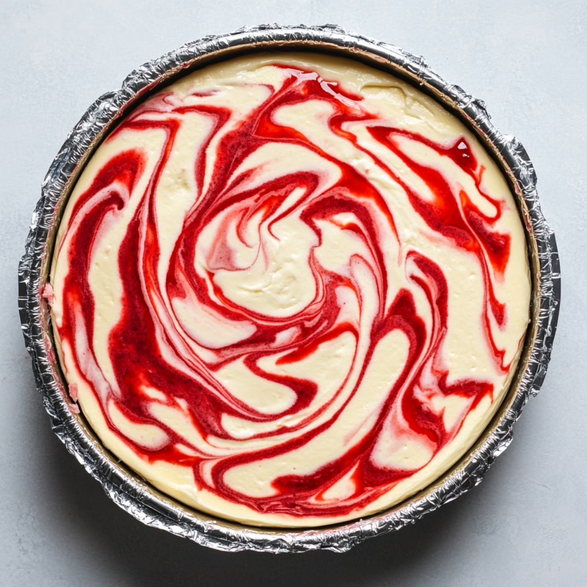 Unbaked strawberry swirl cheesecake with marbled top on white counter
