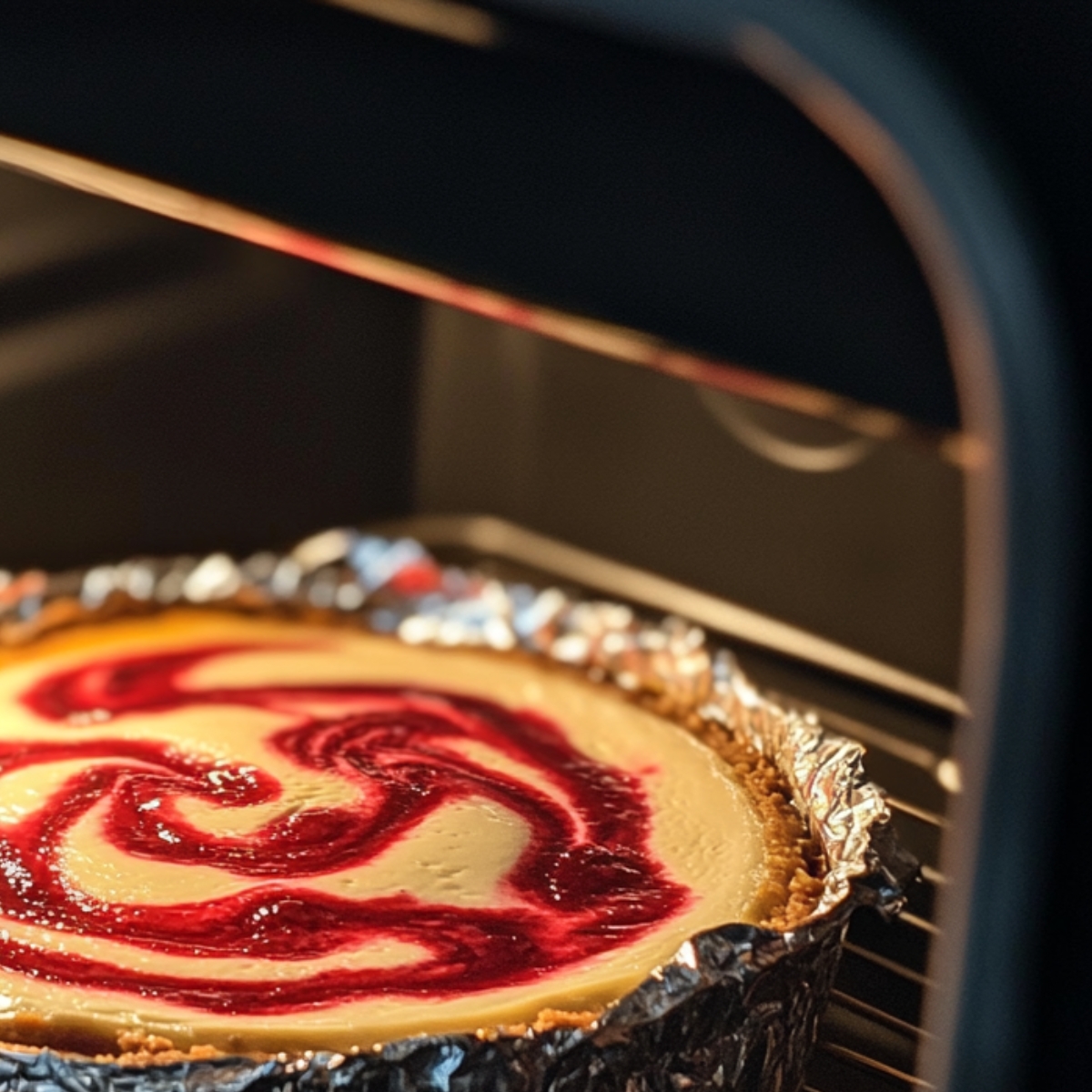 Side-angle close-up of closed oven with cheesecake baking inside