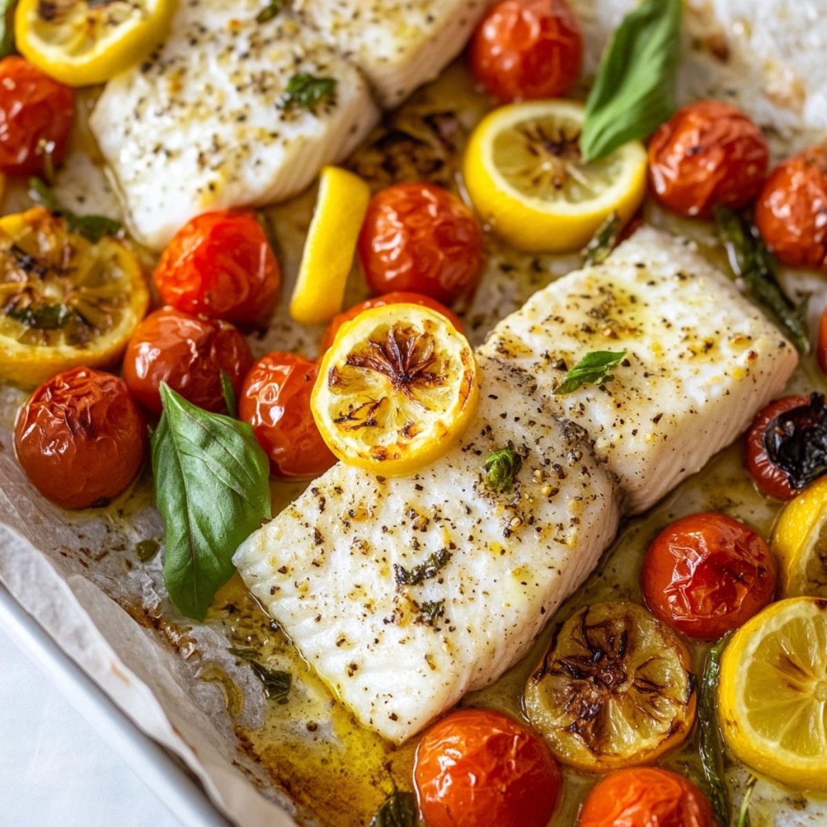  fully baked mediterranean fish with roasted vegetables and caramelized edges