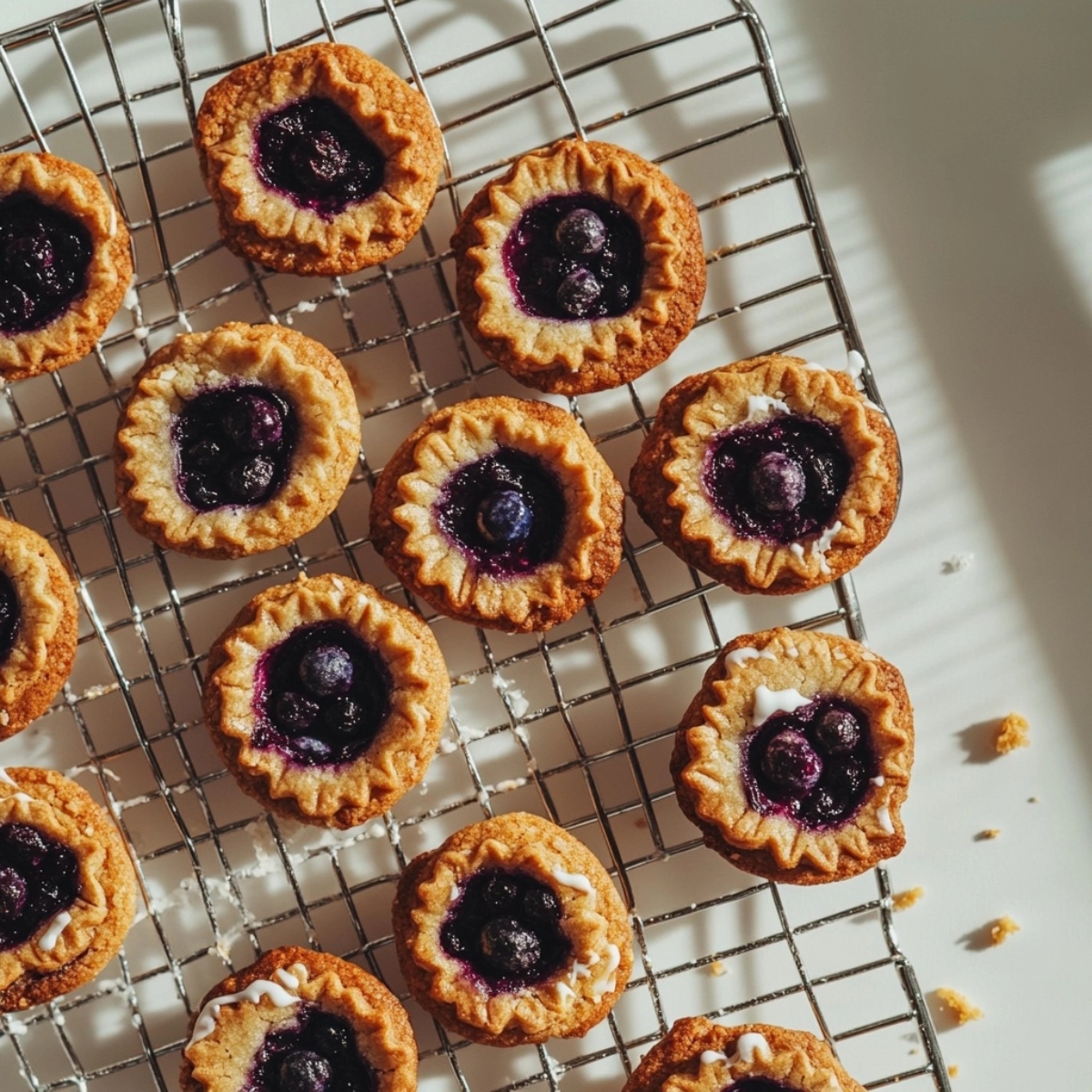 golden baked blueberry pie cookies cooling on rack