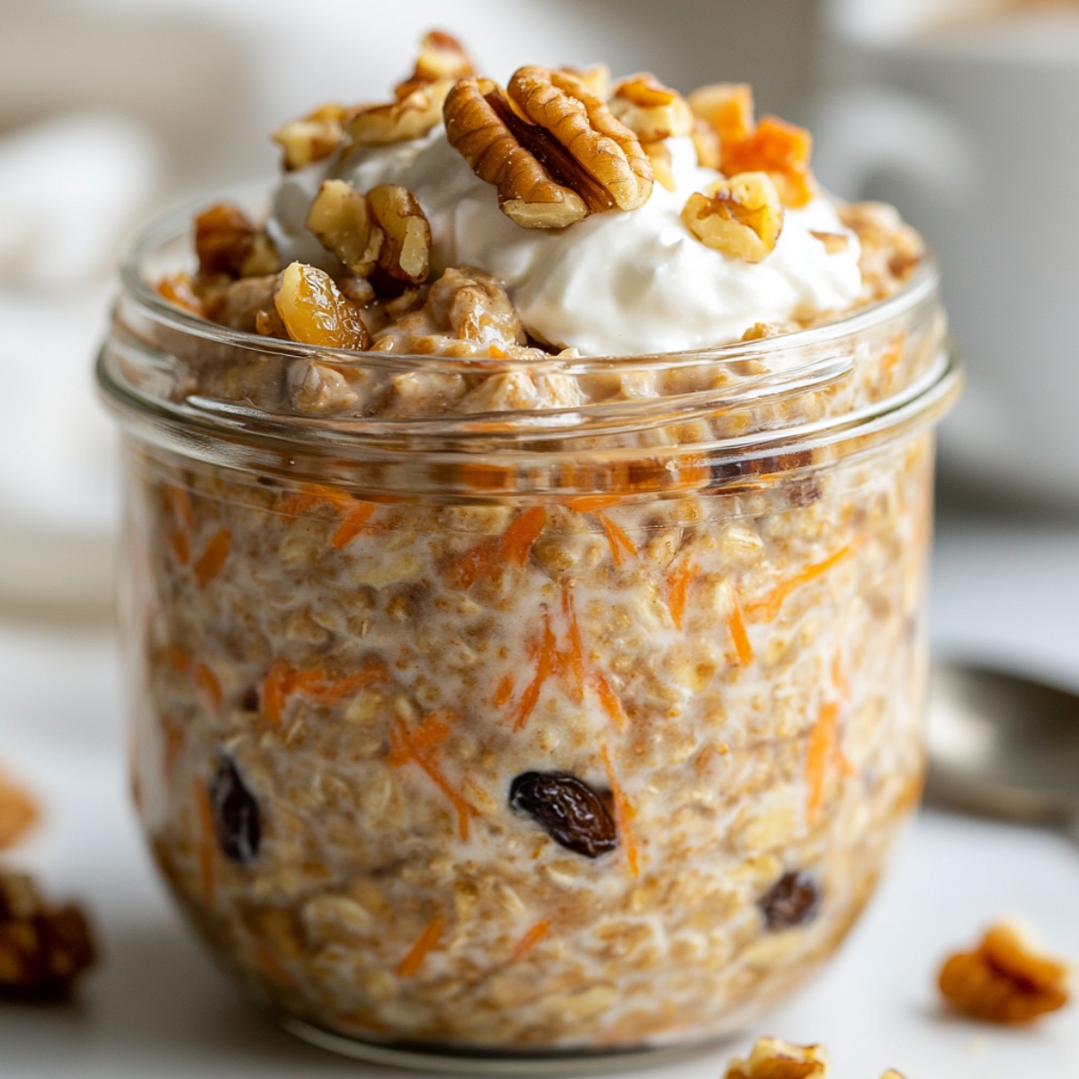 Finished carrot cake overnight oats topped with nuts and cream cheese