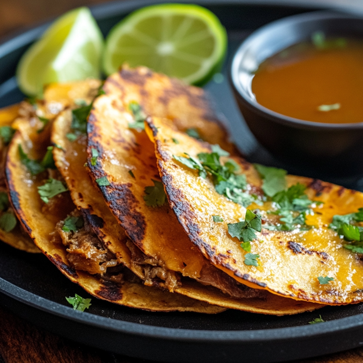 Crispy birria tacos on skillet with cheese and consommé