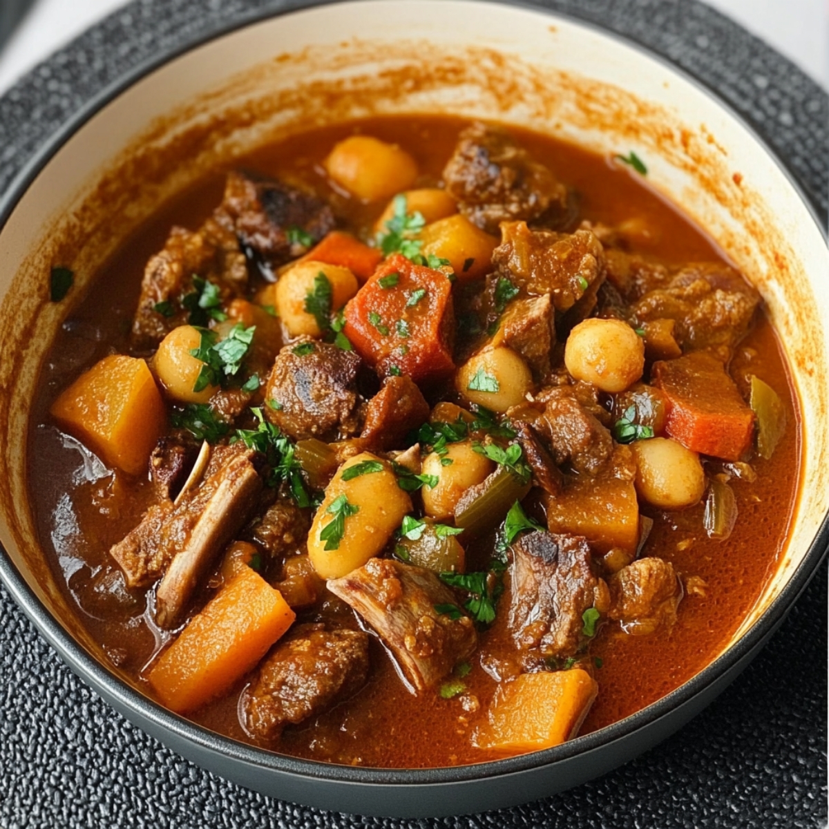 Bowl of Moroccan lamb stew garnished with fresh herbs

