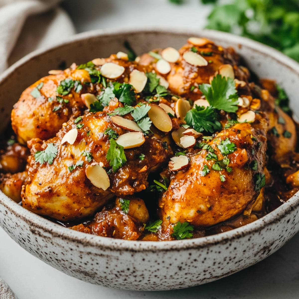 Finished Instant Pot Moroccan Chicken served over couscous with herbs and yogurt.

