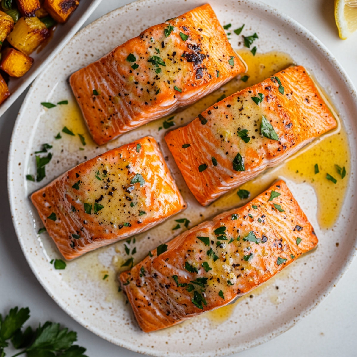 Finished lemon garlic butter salmon plated with sauce and parsley

