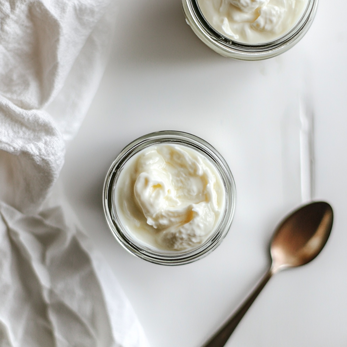 Fresh homemade yogurt in glass jars on counter
