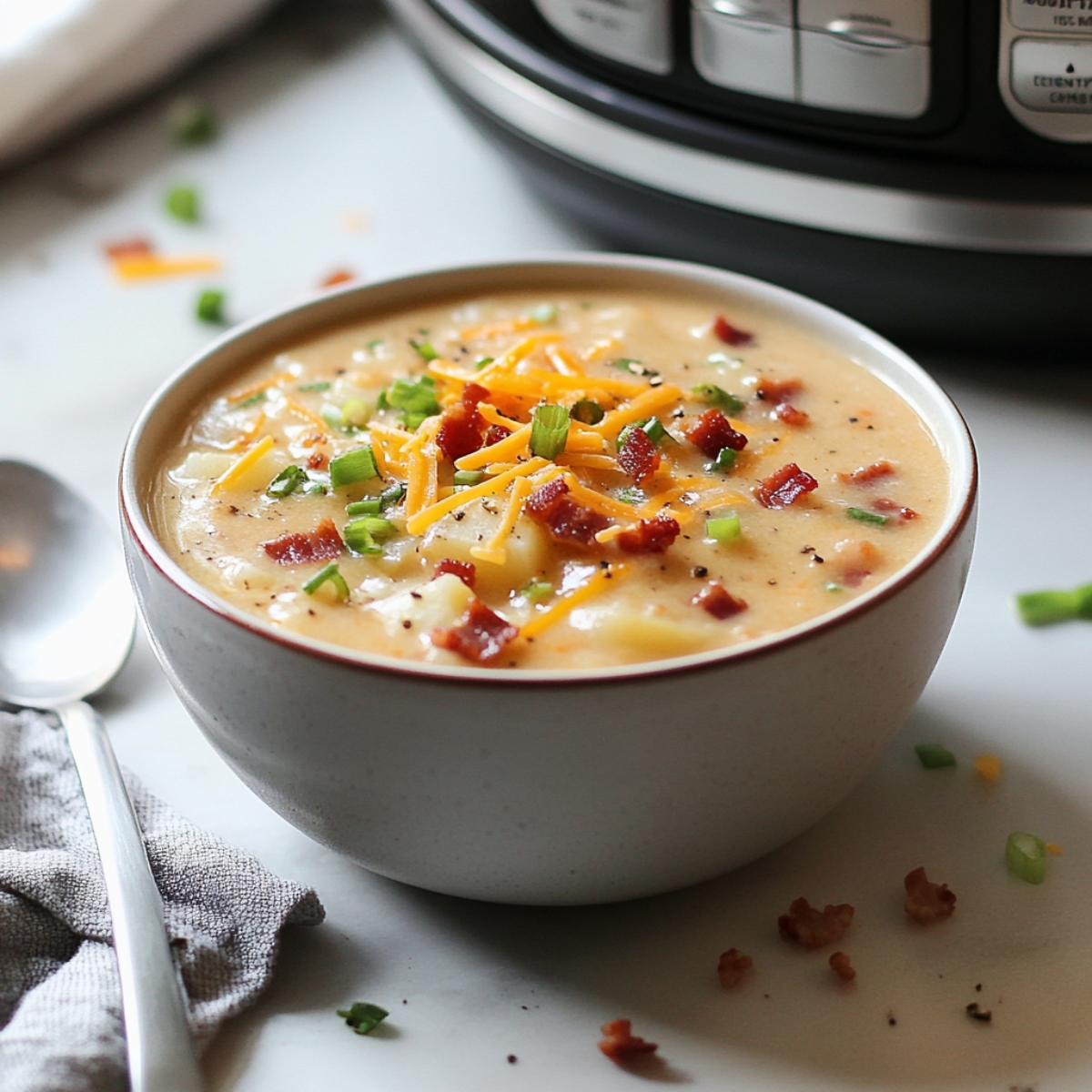 Side view of Instant Pot baked potato soup in bowl beside pressure cooker

