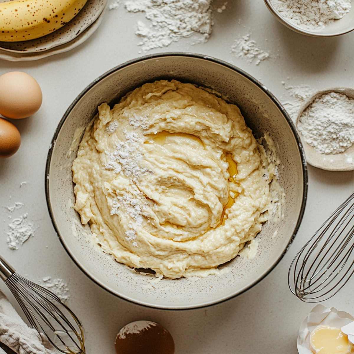 Bowl of homemade banana pancake batter on kitchen counter