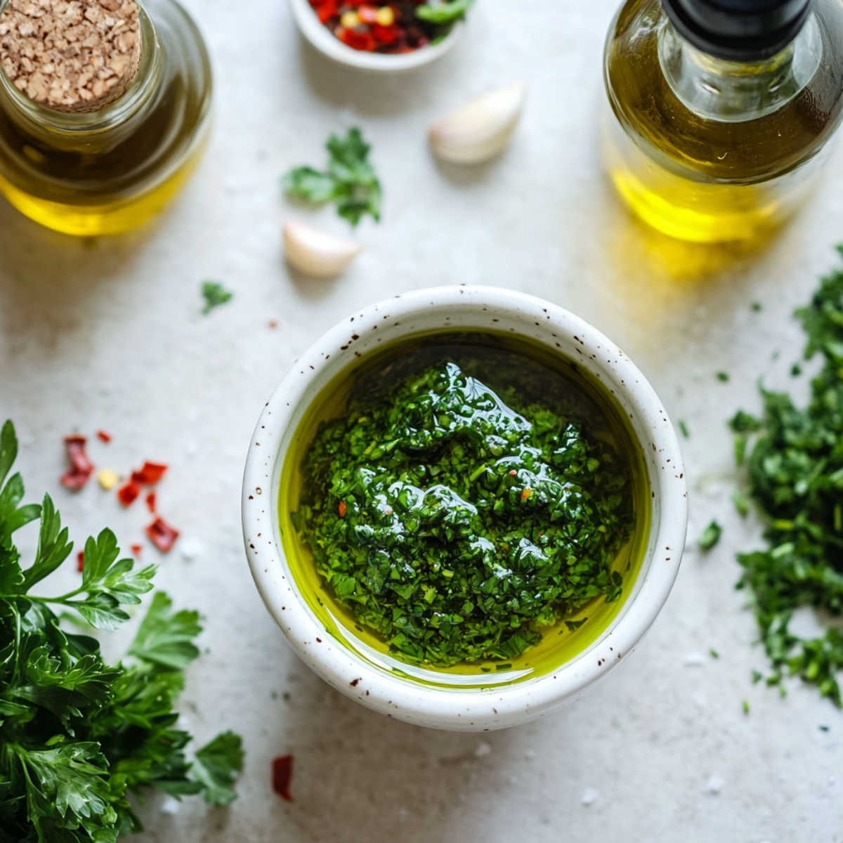 Bowl of homemade chimichurri sauce on a white counter

