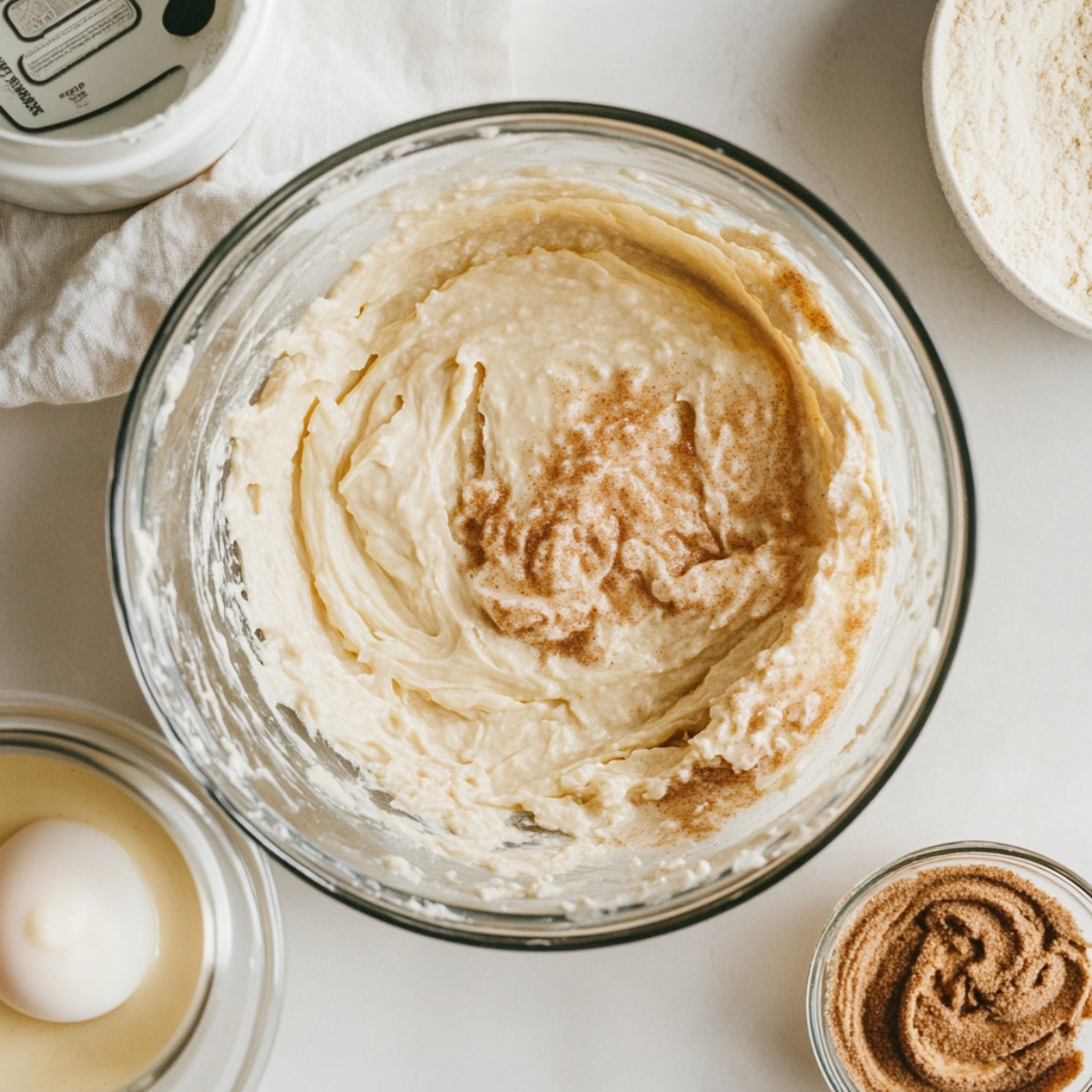 Homemade pancake batter and cinnamon swirl mix on white counter

