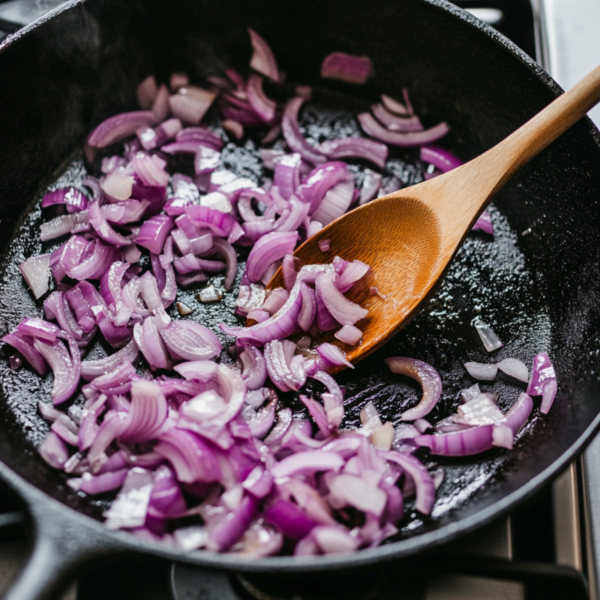 softened red onions cooking in skillet