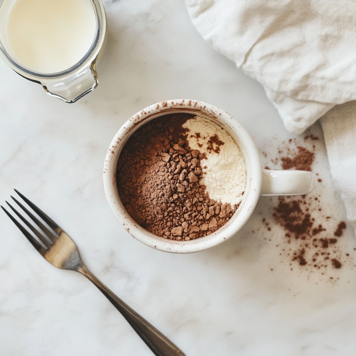 Mug filled with unmixed wet and dry ingredients for cake