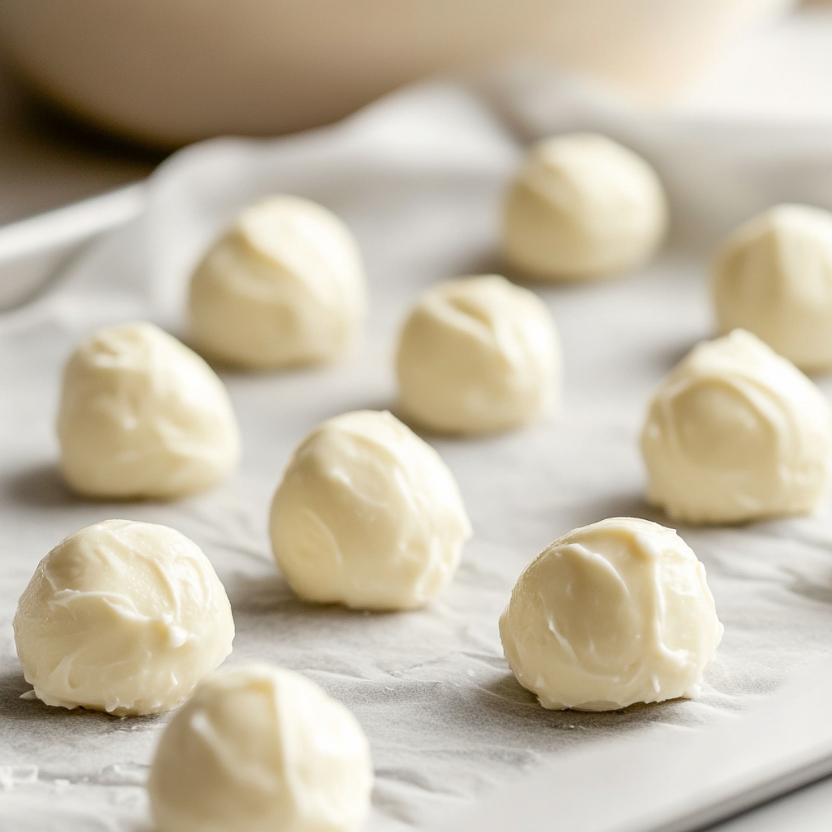 Chilled cream cheese balls on parchment for pumpkin brownies