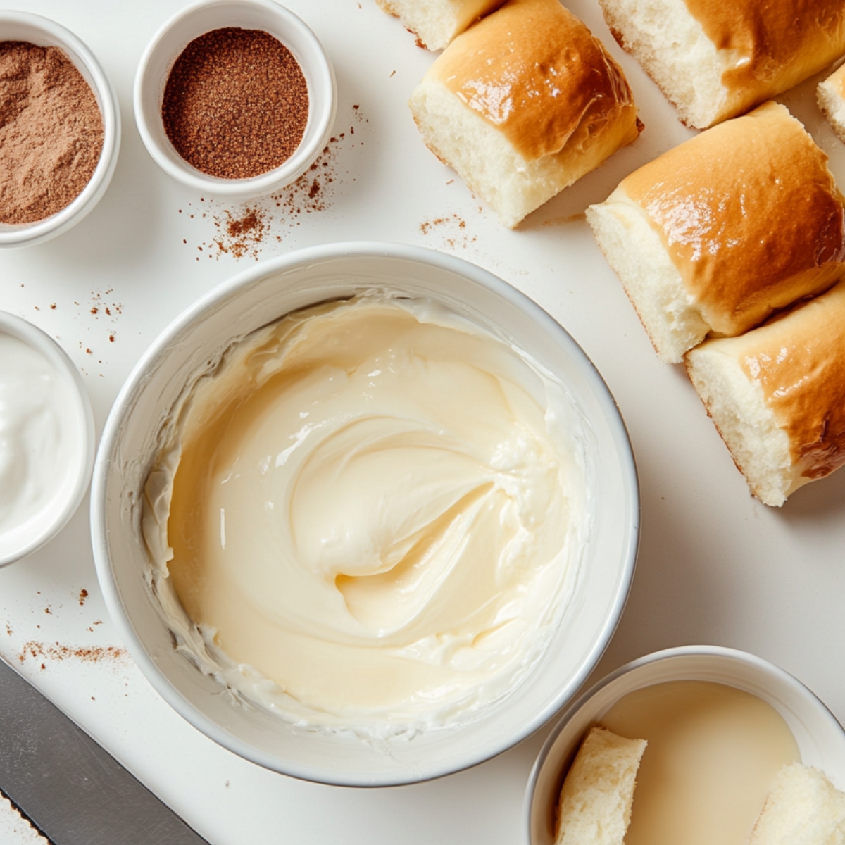 Preparing egg mixture and sliced Hawaiian rolls on white counter