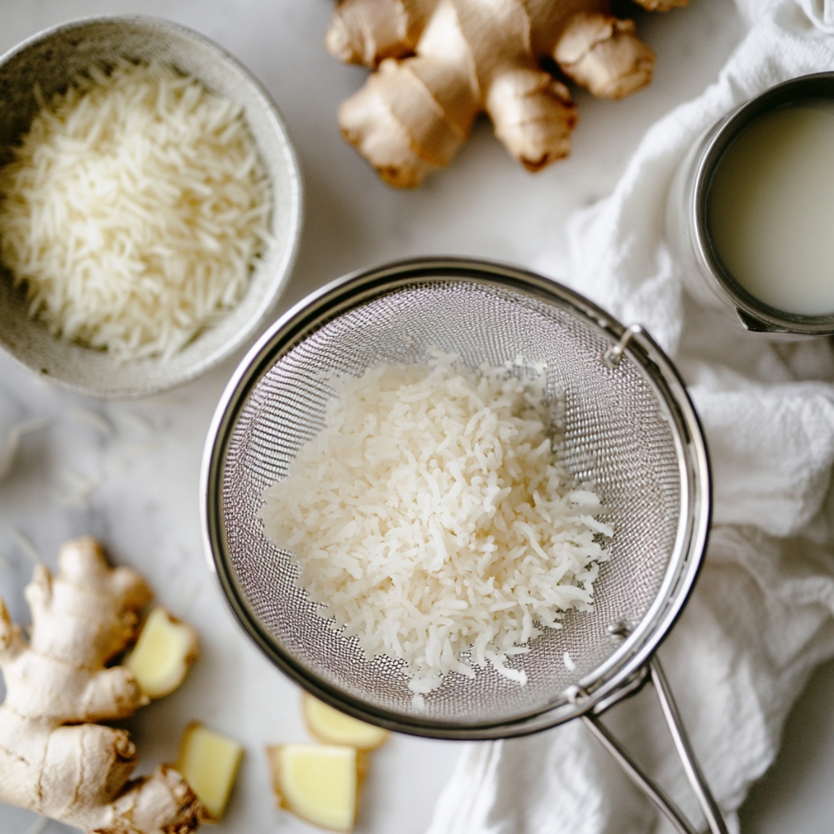 Rinsed jasmine rice in a strainer on a white kitchen counter

