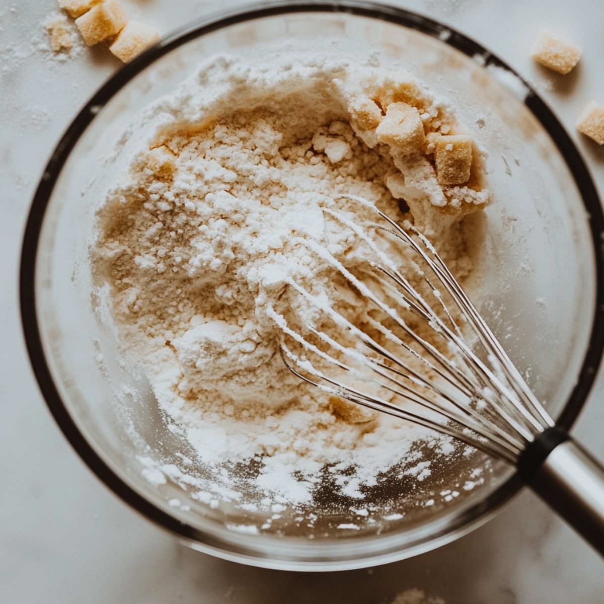 Dry ingredients whisked in a bowl for lemon blueberry ricotta pancakes
