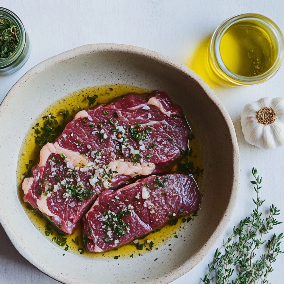 Marinated steak in dish with herbs and garlic on white counter