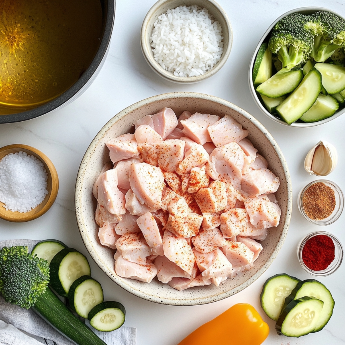 Chopped vegetables and seasoned chicken on a white kitchen counter

