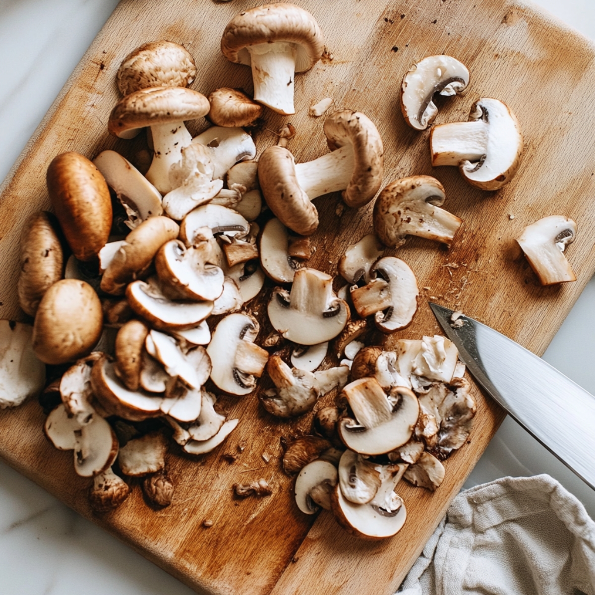 Fresh mushrooms sliced on cutting board