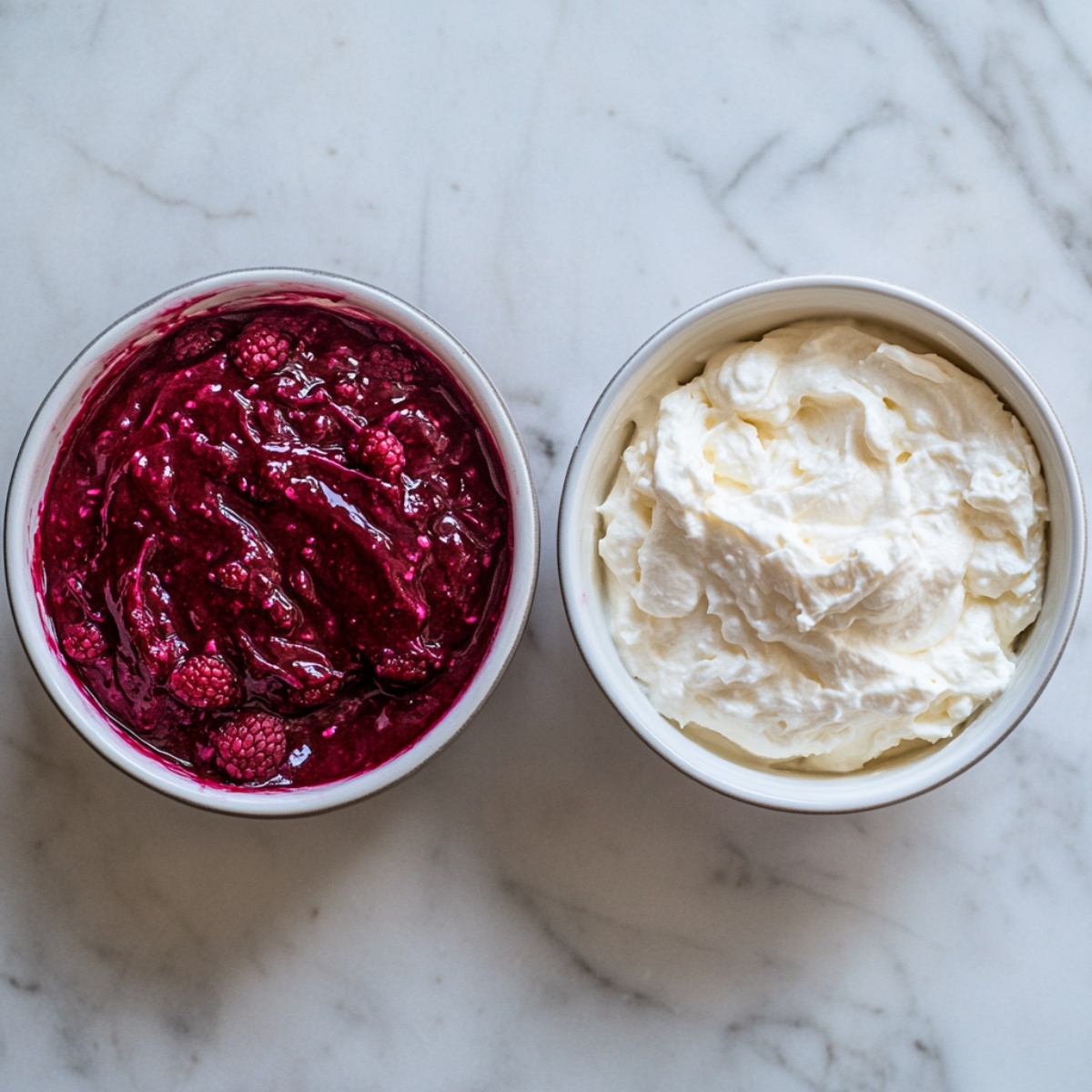 Raspberry swirl and cheesecake filling in bowls