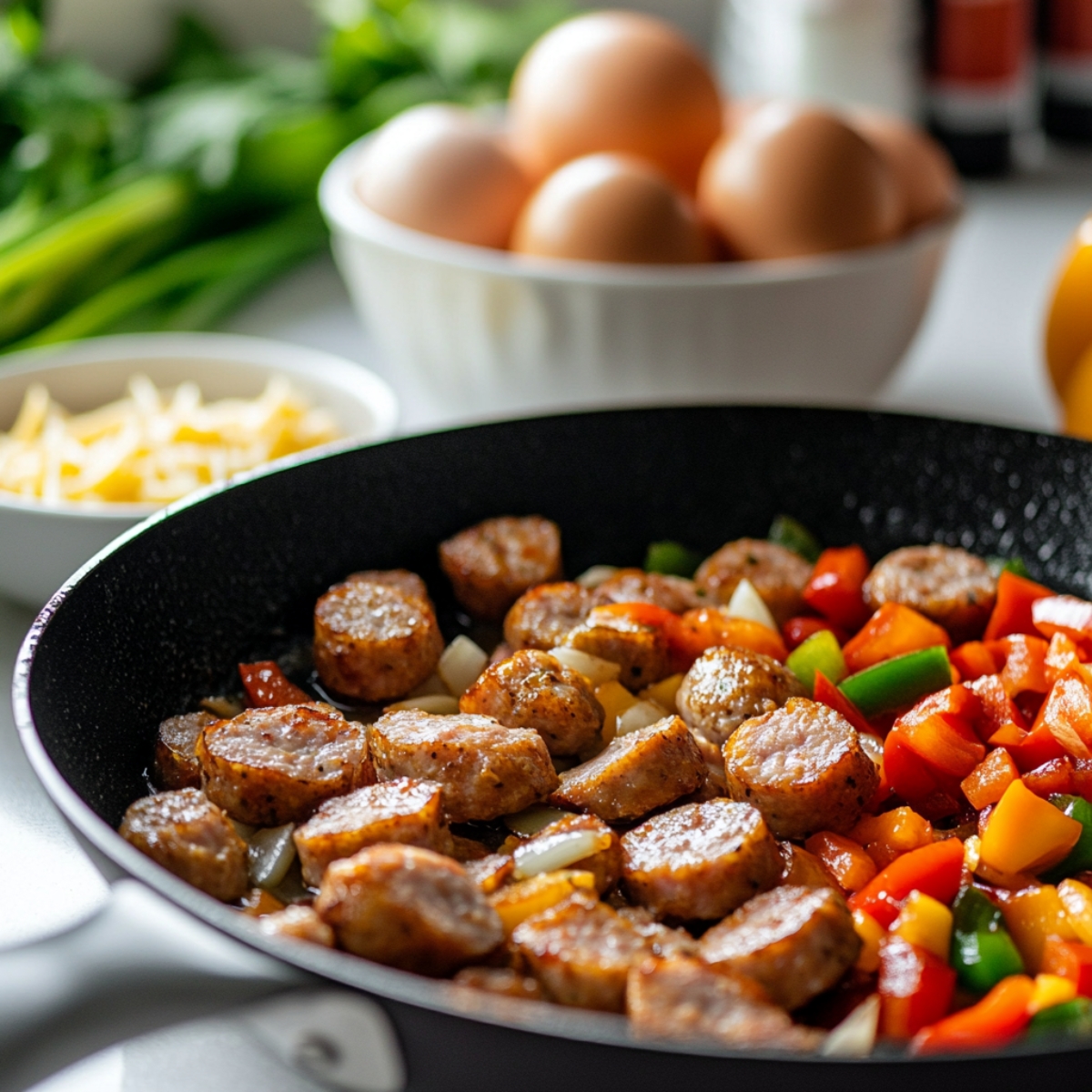 Cooked sausage with diced peppers and eggs on counter