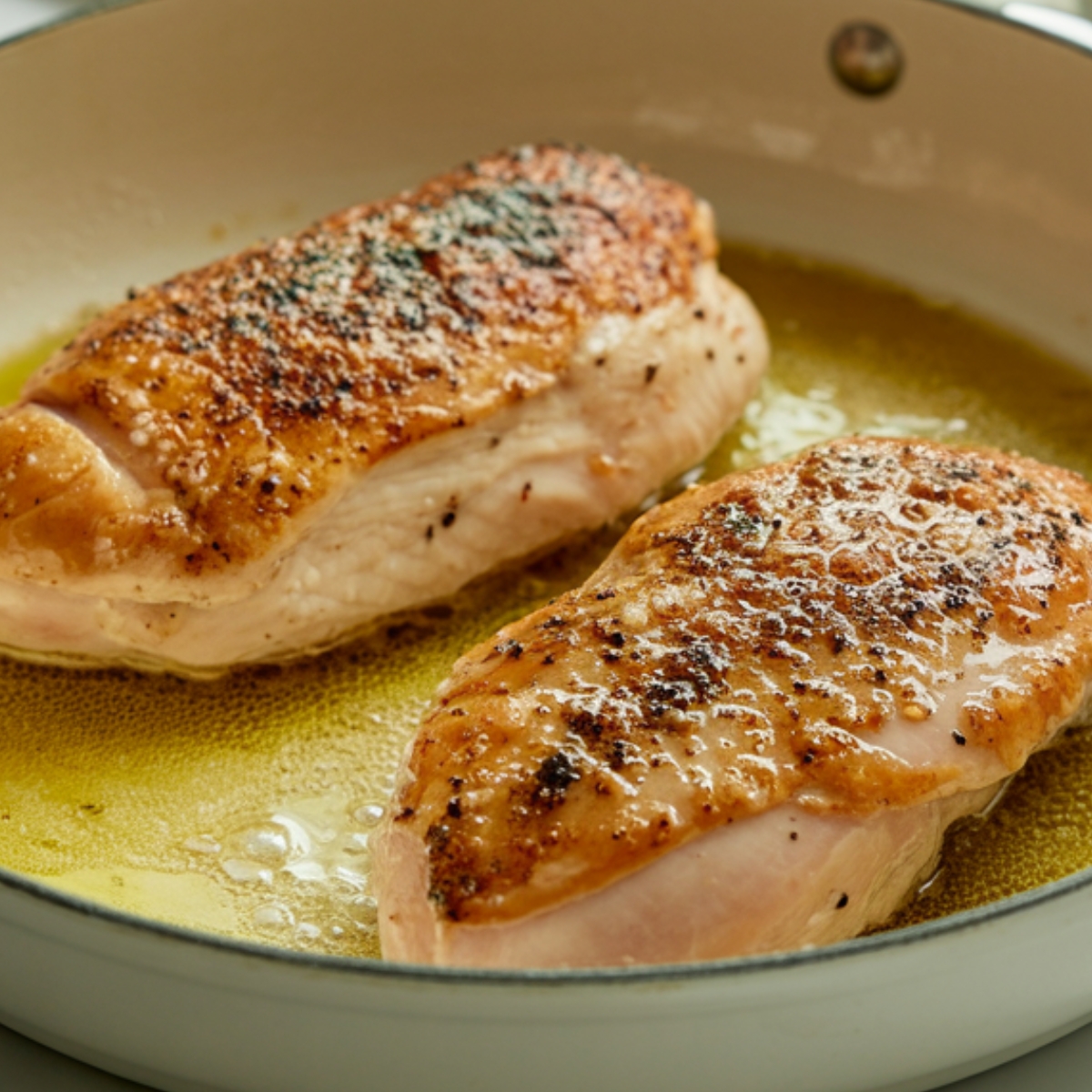 Seasoned chicken breasts seared in skillet on white counter
