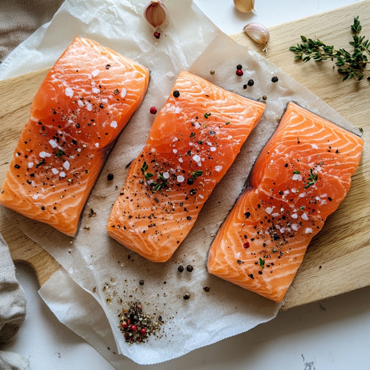 seasoned raw salmon fillets on cutting board with herbs

