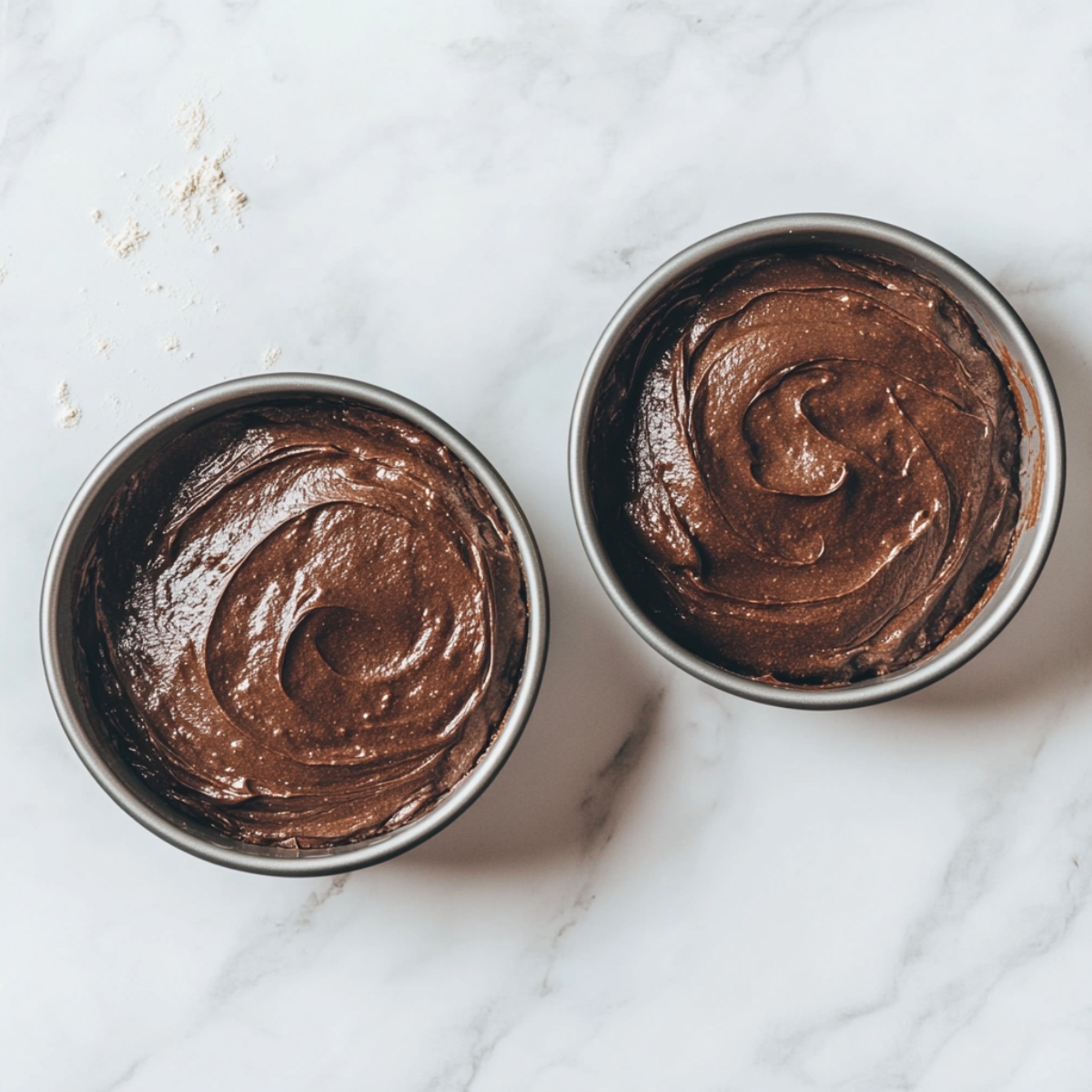 chocolate cake batter in pans on white counter