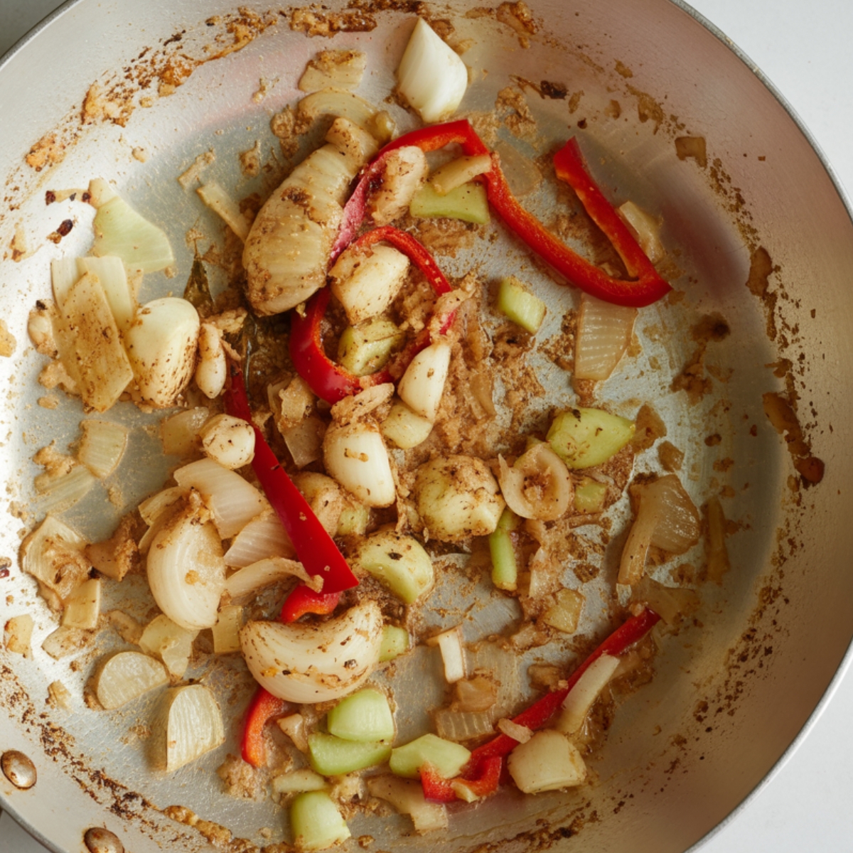 Onions, garlic, ginger, and peppers sautéing in skillet for coconut lime chicken