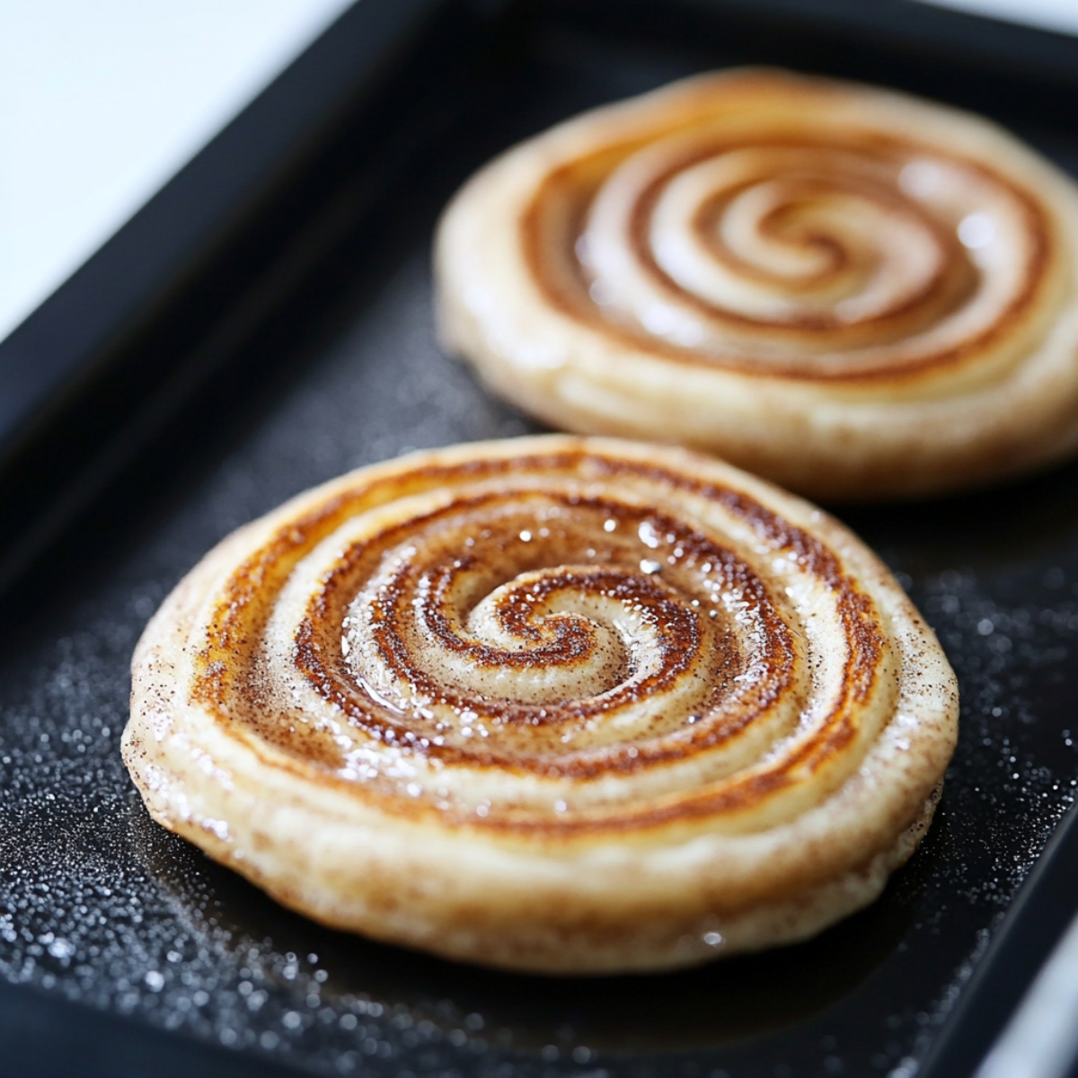 Cinnamon swirl pancakes cooking on griddle with spirals showing