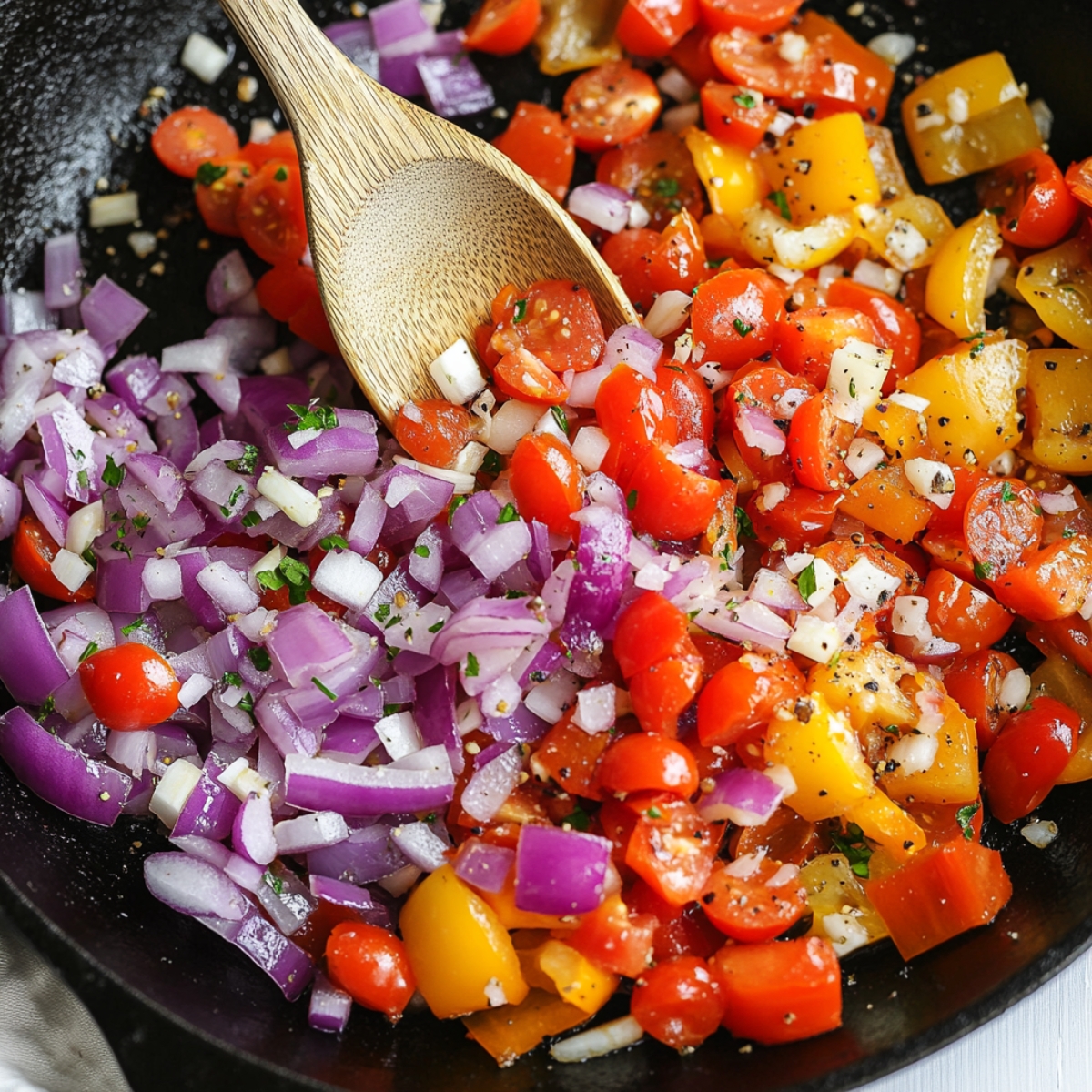 Close-up of red onions, garlic, peppers, and tomatoes in skillet

