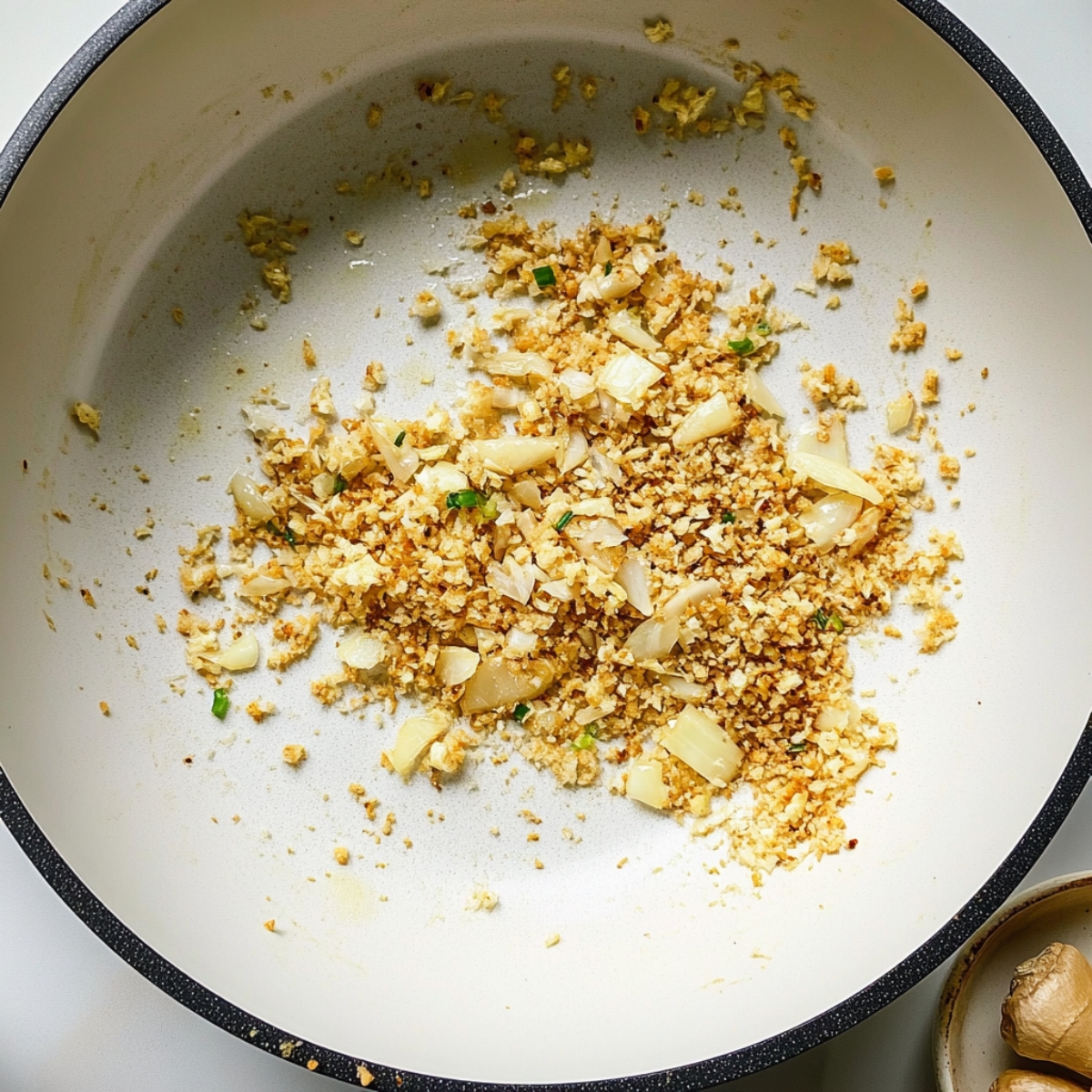 Sautéed garlic and ginger in a skillet with golden bits