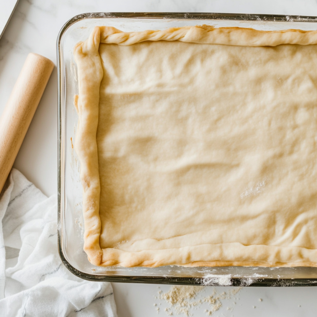 Lightly baked crescent roll crust in glass baking dish

