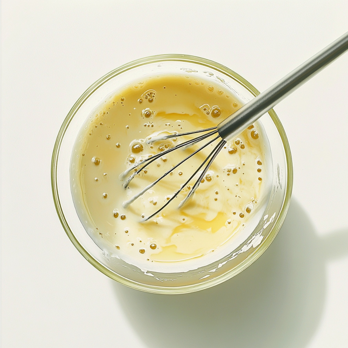 bowl of buttermilk, melted butter, egg, and vanilla mixture