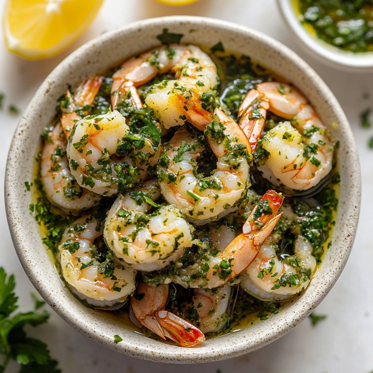 Raw shrimp marinating in chimichurri sauce

