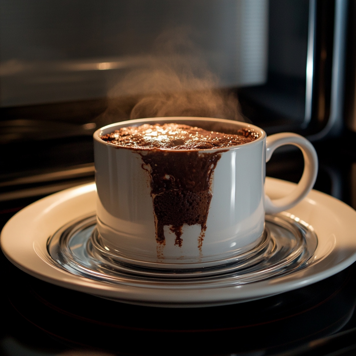 Warm, freshly microwaved mug cake in white mug