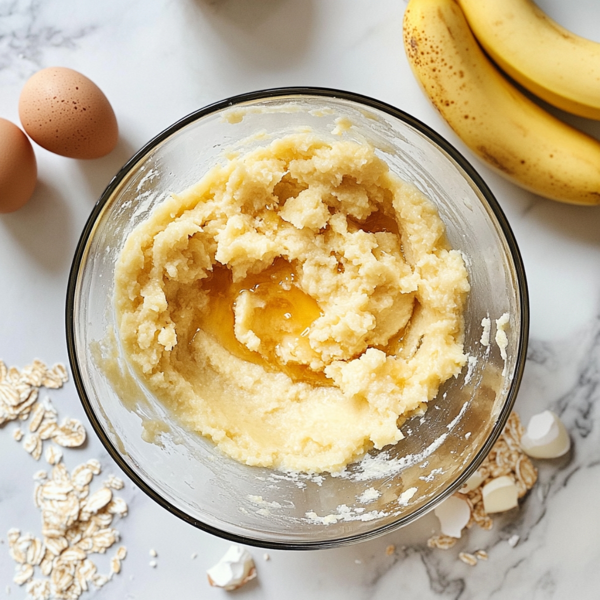 Mashing bananas and mixing applesauce and eggs in bowl