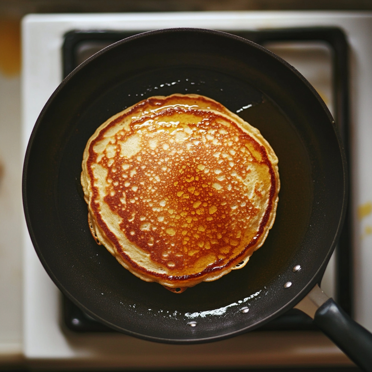  Banana pancake bubbling on skillet on white counter
