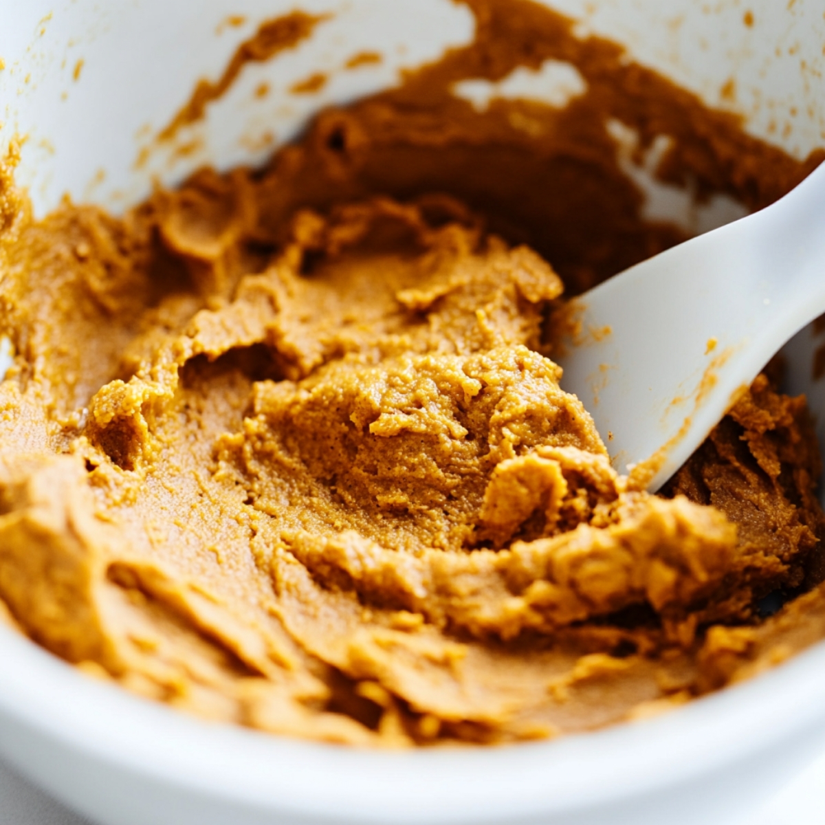 Pumpkin cookie dough resting in a bowl on white kitchen counter