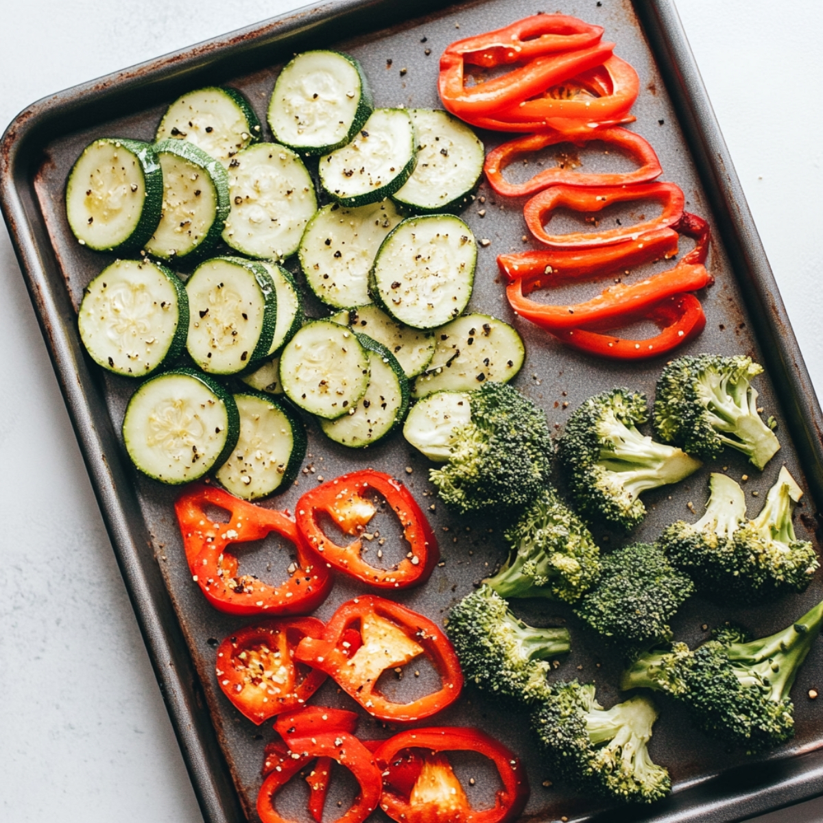 Sheet pan of raw vegetables ready to roast on kitchen counter