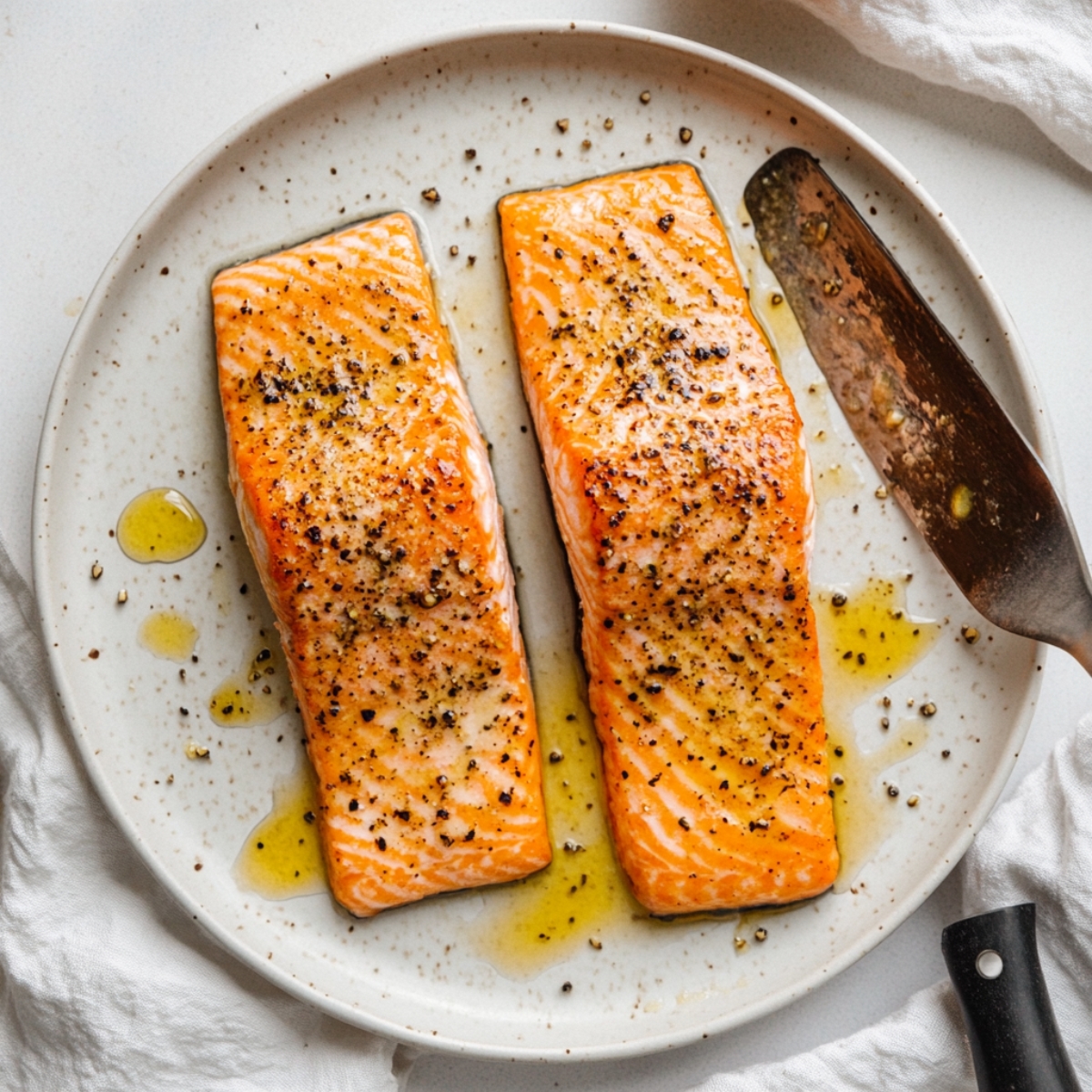 golden seared salmon fillets resting in a white plate