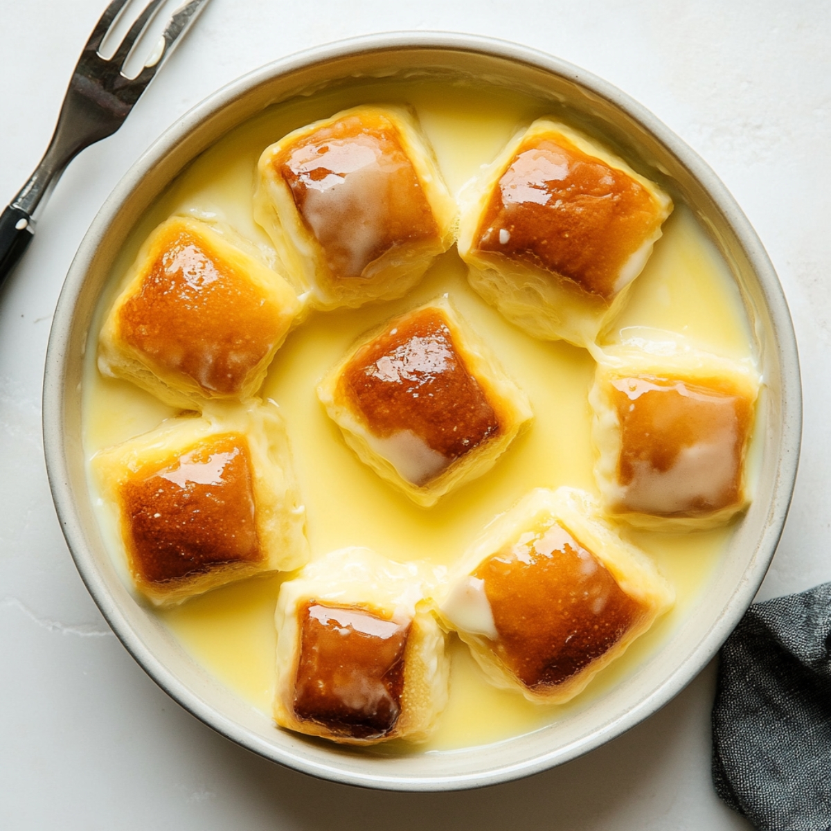  Hawaiian sweet rolls soaking in custard mixture in shallow bowl