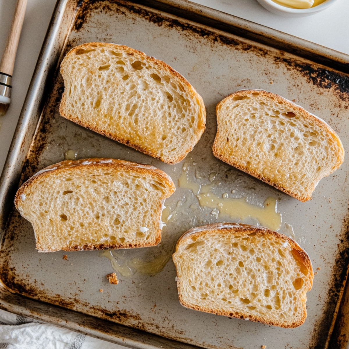 Sourdough slices on baking tray brushed with butter