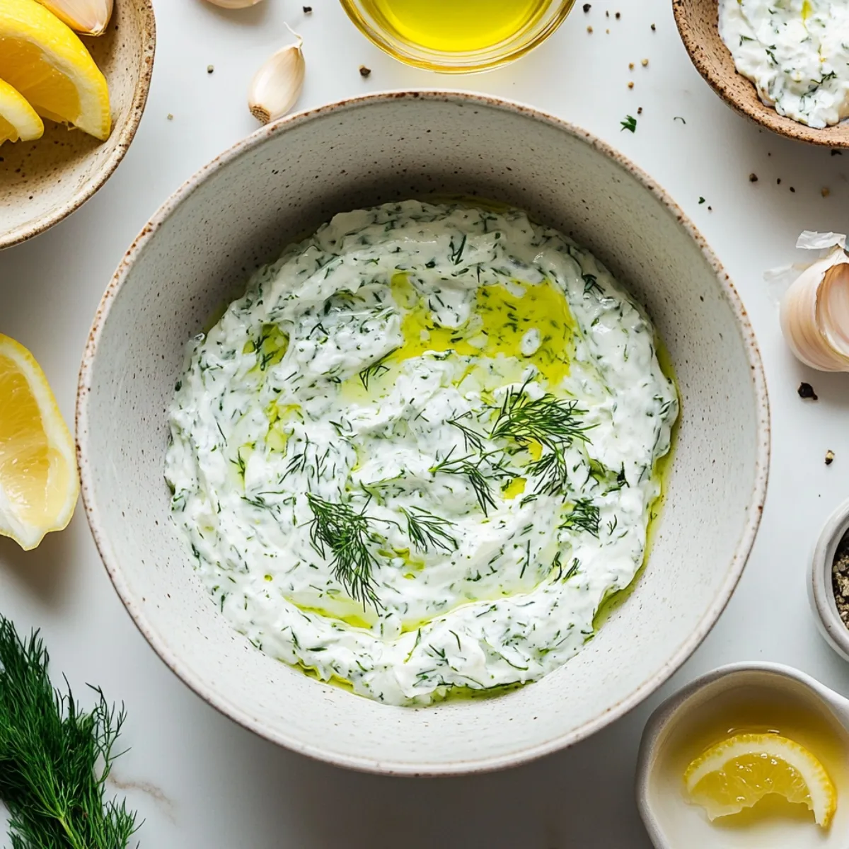Homemade tzatziki and vinaigrette in bowls with ingredients
