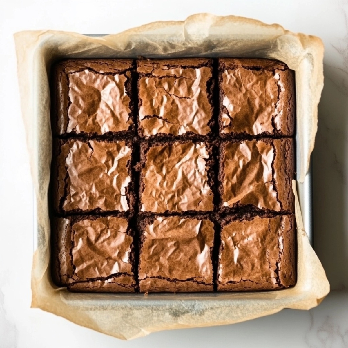 Homemade brownie batter in mixing bowl on white kitchen counter