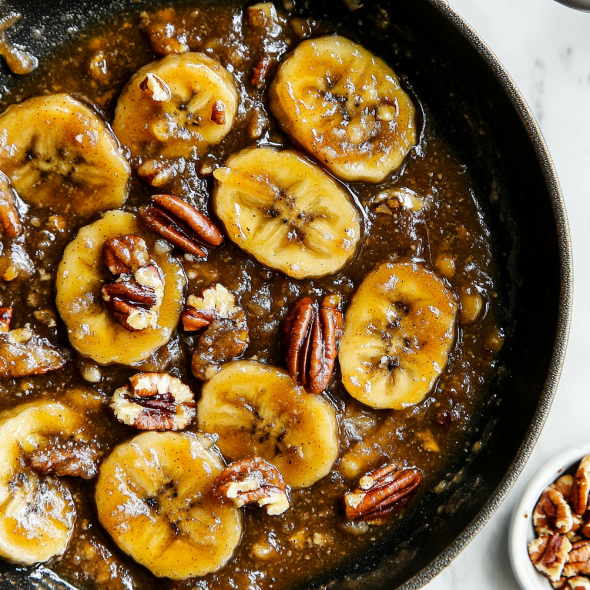 Skillet with caramelized bananas and sauce on kitchen counter