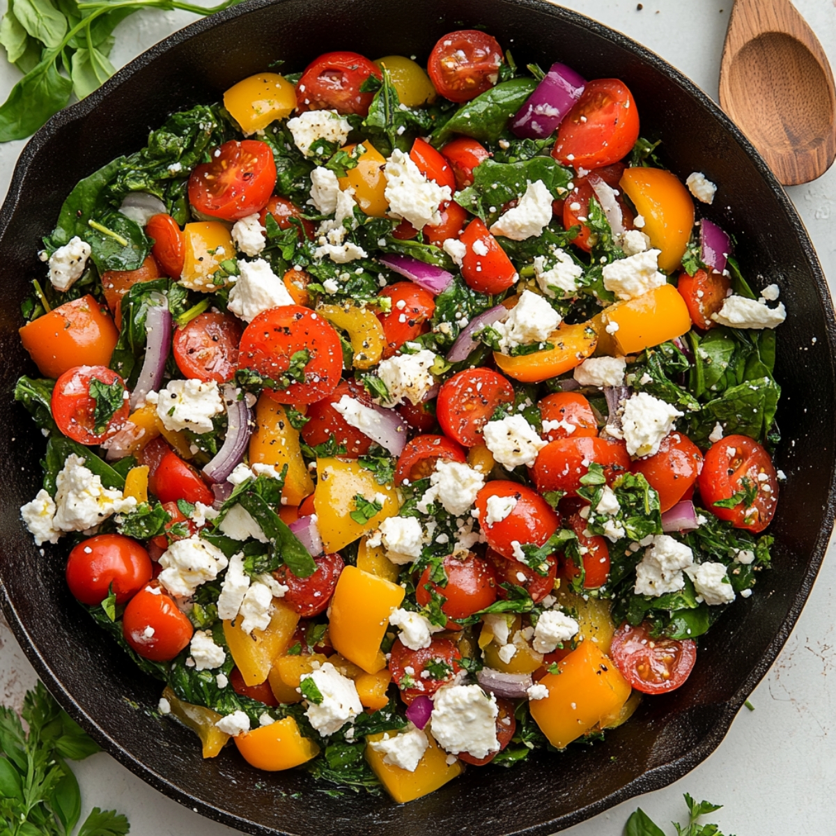 Close-up of spinach wilting and feta added to veggie skillet