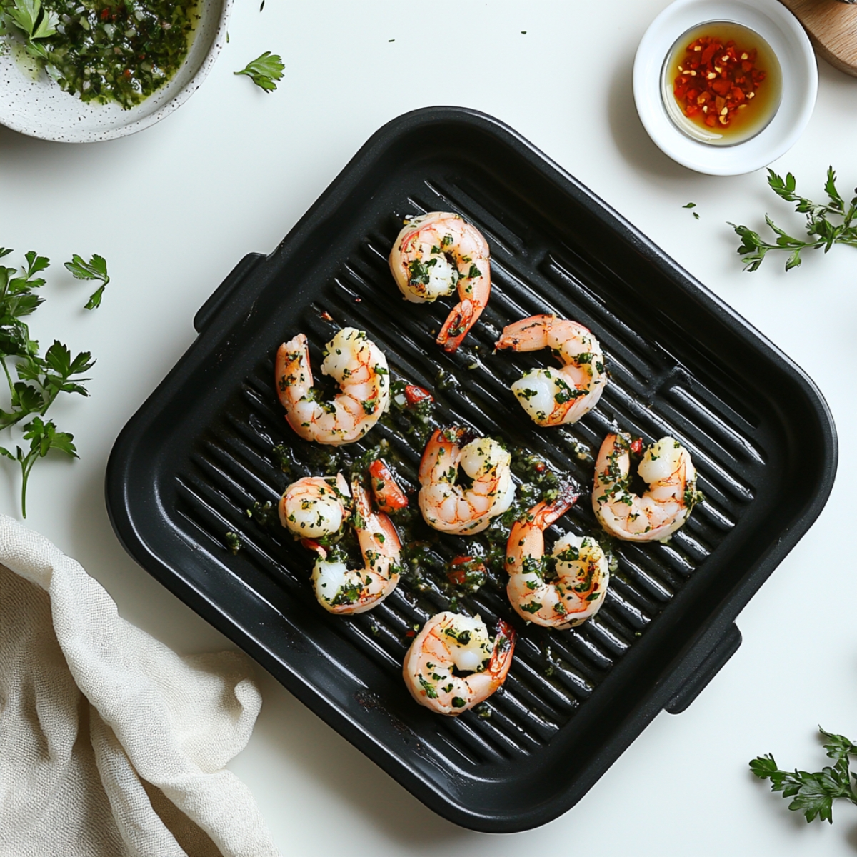 Cooked shrimp with chimichurri in a skillet

