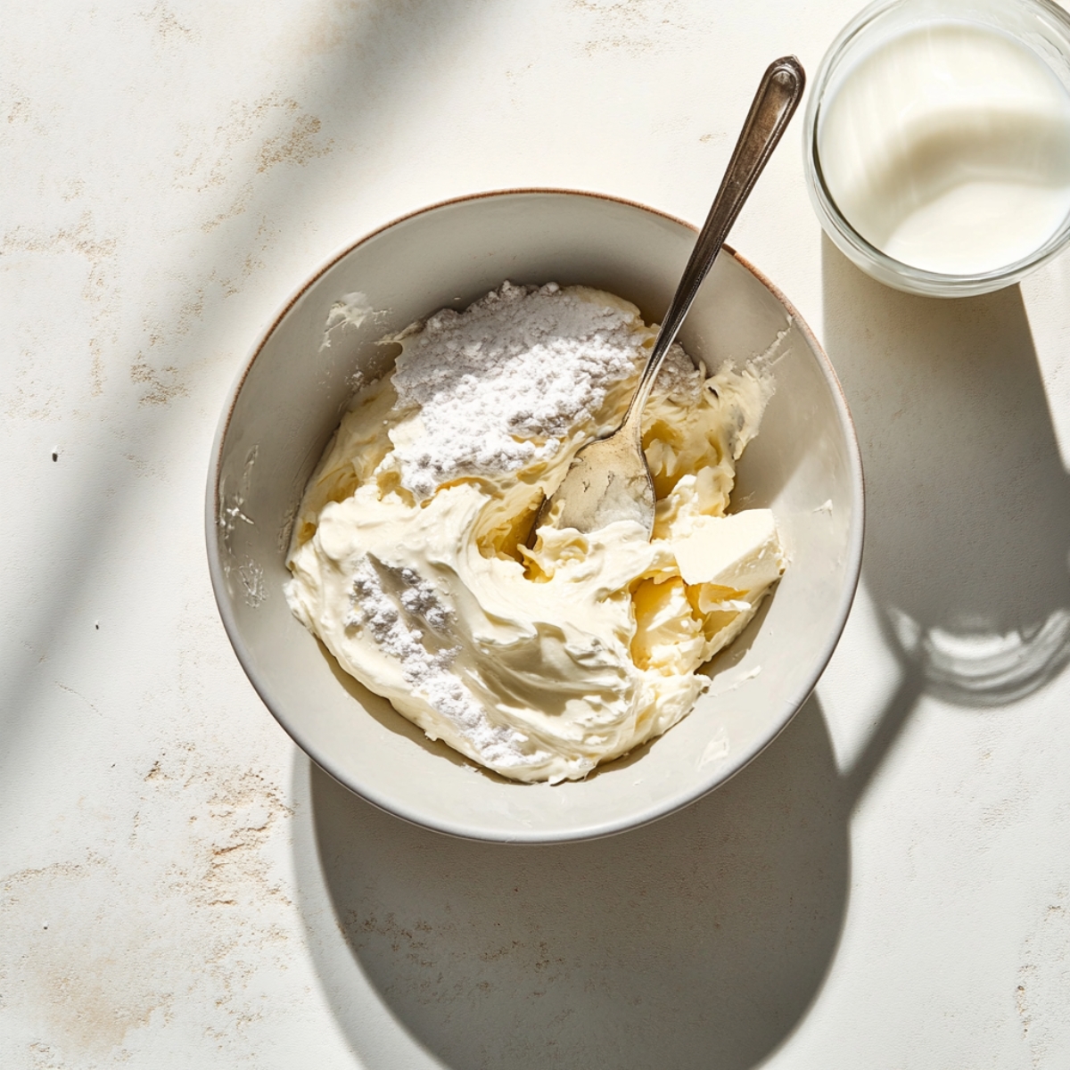 Cream cheese glaze being mixed on a white kitchen counter